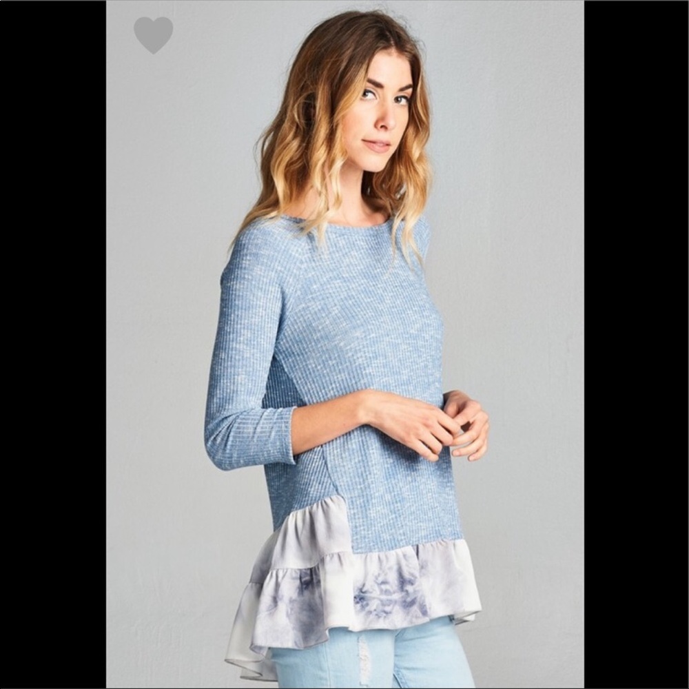 3/4 sleeve rib knit top with ruffle contrast hem - Picture 2 of 7